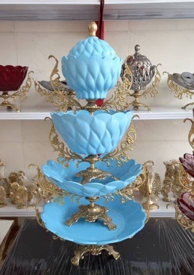 ست پذیرایی چهار 4 تکه پایه برنزی مدل رویال رنگ آبی آسمانی