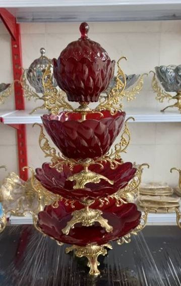 ست پذیرایی چهار 4 تکه پایه برنزی مدل رویال رنگ زرشکی