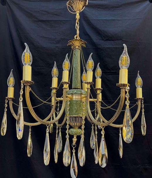 لوستر برنزی برنجی مدل کلاسیک سنگی شاخه لوله ای ۱۰شعله رنگ سبز