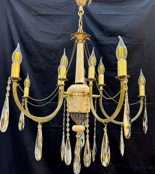 لوستر برنزی برنجی مدل کلاسیک سنگی شاخه لوله ای ۱۰شعله رنگ سبز