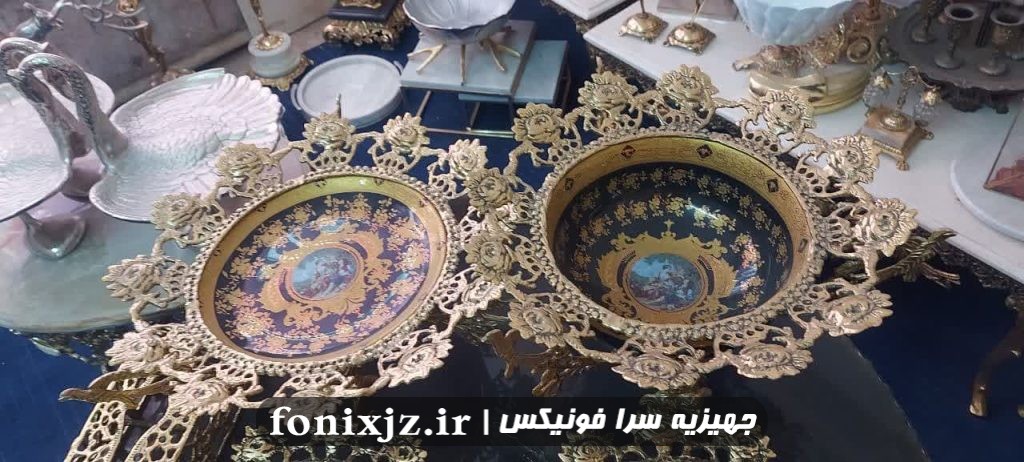 ست میوه خوری آجیل خوری رومیزی برنزی برنجی مدل گل رز ظرف سرمه ای