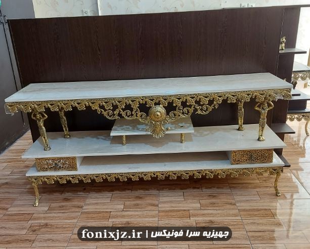 میز تلویزیون بزرگ 180 سانتی طرح برنزی آلیاژ مدل گل یاس